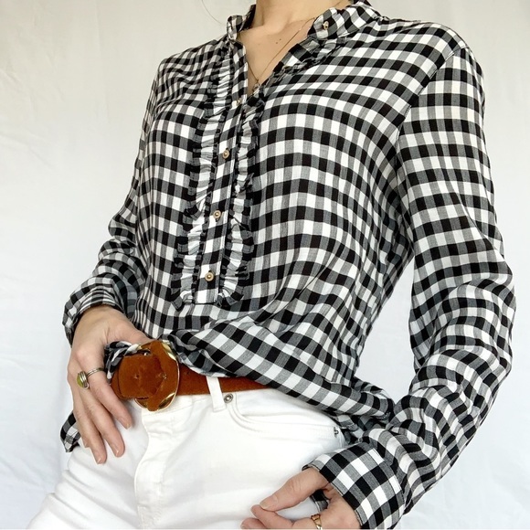 VICHY pattern Blouse size M black and white with ruffles Women From Dynamite - Picture 1 of 15
